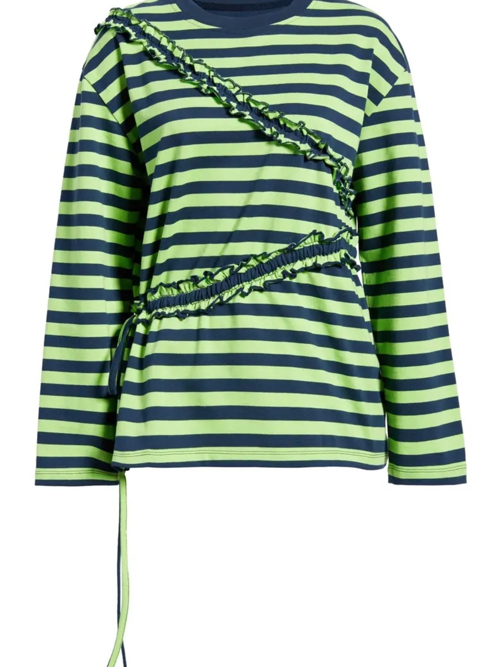 Striped Long-Sleeve Ruffle Tee in Lime and Navy